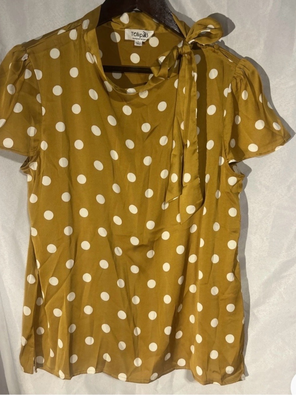 Tulip B Mustard Polka Dot Tie Neck Blouse Retro Style Medium Unique Vintage